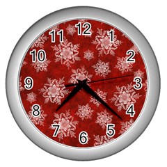 Snowflakes And Star Patternsred Snow Wall Clock (silver) by artworkshop