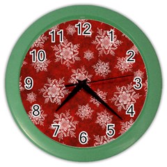 Snowflakes And Star Patternsred Snow Color Wall Clock by artworkshop