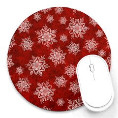 Snowflakes And Star Patternsred Snow Round Mousepad by artworkshop