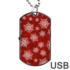 Snowflakes And Star Patternsred Snow Dog Tag Usb Flash (one Side) by artworkshop