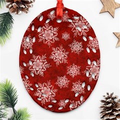 Snowflakes And Star Patternsred Snow Ornament (oval Filigree) by artworkshop