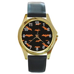 Bat Pattern Round Gold Metal Watch by Valentinaart