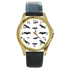 Bat Pattern Round Gold Metal Watch by Valentinaart