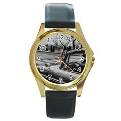 Convertible Classic Car At Paris Street Round Gold Metal Watch