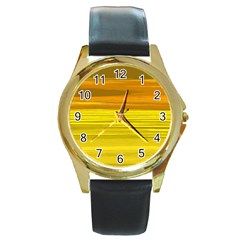 Yellow And Gold Horizontal Stripes - Abstract Art Round Gold Metal Watch by KorokStudios