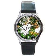 Tree Sunlight Forest Nature Landscape Sunrise Fog Round Metal Watch by danenraven