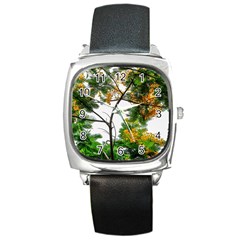 Tree Sunlight Forest Nature Landscape Sunrise Fog Square Metal Watch by danenraven