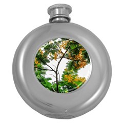 Tree Sunlight Forest Nature Landscape Sunrise Fog Round Hip Flask (5 Oz) by danenraven