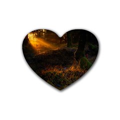 Sunset Forest Fall Sunbeams Nature Rubber Heart Coaster (4 Pack) by danenraven