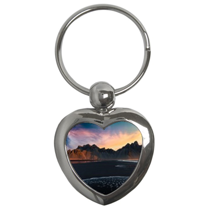 Beach Volcano Ocean Sunset Sunrise Iceland Key Chain (Heart)