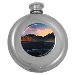 Beach Volcano Ocean Sunset Sunrise Iceland Round Hip Flask (5 Oz) by danenraven