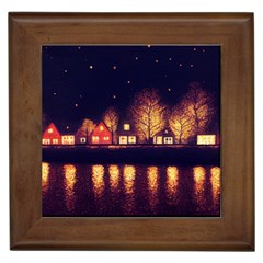 Night Houses River Bokeh Leaves Fall Autumn Framed Tile by danenraven