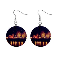 Night Houses River Bokeh Leaves Fall Autumn Mini Button Earrings by danenraven