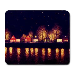 Night Houses River Bokeh Leaves Fall Autumn Large Mousepad by danenraven