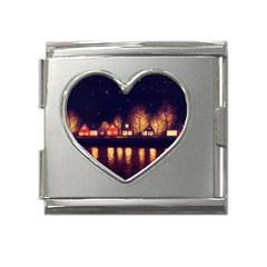 Night Houses River Bokeh Leaves Fall Autumn Mega Link Heart Italian Charm (18mm)