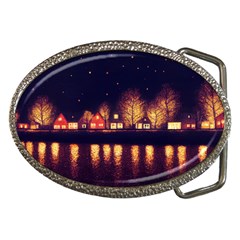 Night Houses River Bokeh Leaves Fall Autumn Belt Buckles by danenraven