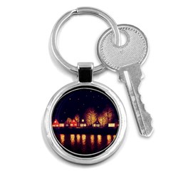 Night Houses River Bokeh Leaves Fall Autumn Key Chain (round) by danenraven