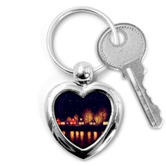 Night Houses River Bokeh Leaves Fall Autumn Key Chain (heart) by danenraven