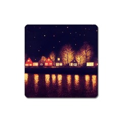 Night Houses River Bokeh Leaves Fall Autumn Square Magnet by danenraven