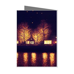 Night Houses River Bokeh Leaves Fall Autumn Mini Greeting Cards (pkg Of 8)