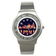 Night Houses River Bokeh Leaves Fall Autumn Stainless Steel Watch by danenraven