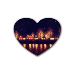 Night Houses River Bokeh Leaves Fall Autumn Rubber Heart Coaster (4 Pack) by danenraven