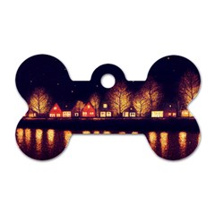 Night Houses River Bokeh Leaves Fall Autumn Dog Tag Bone (two Sides) by danenraven