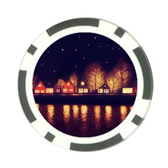 Night Houses River Bokeh Leaves Fall Autumn Poker Chip Card Guard by danenraven