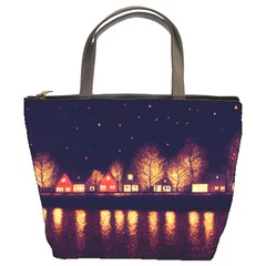 Night Houses River Bokeh Leaves Fall Autumn Bucket Bag by danenraven