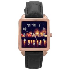 Night Houses River Bokeh Leaves Fall Autumn Rose Gold Leather Watch  by danenraven