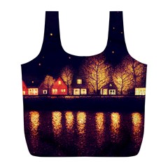 Night Houses River Bokeh Leaves Fall Autumn Full Print Recycle Bag (l) by danenraven