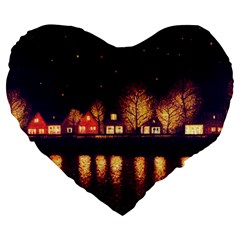 Night Houses River Bokeh Leaves Fall Autumn Large 19  Premium Flano Heart Shape Cushions by danenraven