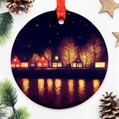 Night Houses River Bokeh Leaves Fall Autumn Ornament (round) by danenraven