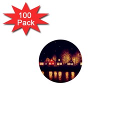 Night Houses River Bokeh Leaves Fall Autumn 1  Mini Buttons (100 Pack)  by danenraven