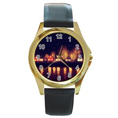 Night Houses River Bokeh Leaves Fall Autumn Round Gold Metal Watch by danenraven