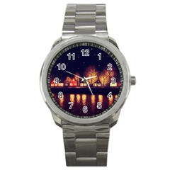 Night Houses River Bokeh Leaves Fall Autumn Sport Metal Watch by danenraven