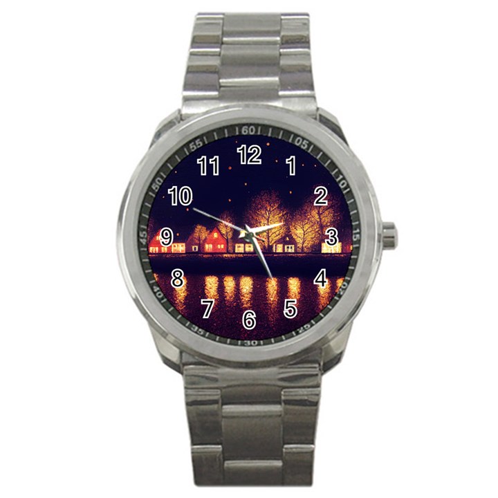 Night Houses River Bokeh Leaves Fall Autumn Sport Metal Watch