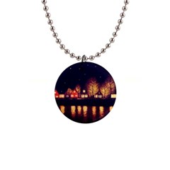 Night Houses River Bokeh Leaves Fall Autumn 1  Button Necklace by danenraven