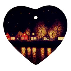 Night Houses River Bokeh Leaves Fall Autumn Heart Ornament (two Sides) by danenraven