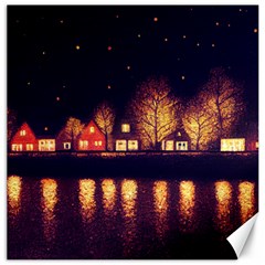 Night Houses River Bokeh Leaves Fall Autumn Canvas 16  X 16 