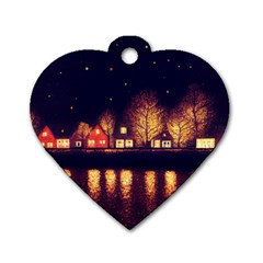 Night Houses River Bokeh Leaves Fall Autumn Dog Tag Heart (one Side) by danenraven