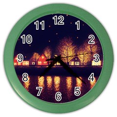 Night Houses River Bokeh Leaves Fall Autumn Color Wall Clock by danenraven