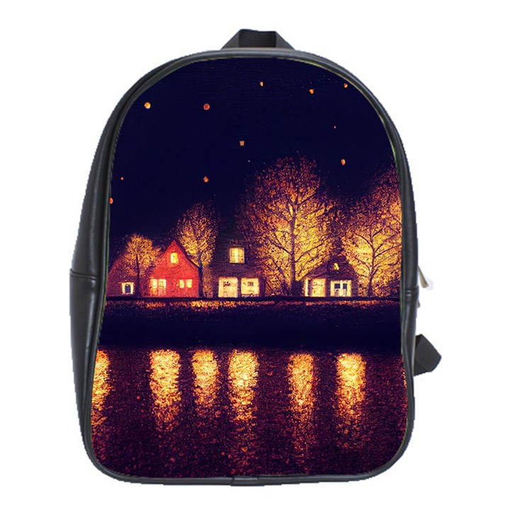 Night Houses River Bokeh Leaves Fall Autumn School Bag (XL)