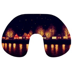 Night Houses River Bokeh Leaves Fall Autumn Travel Neck Pillow by danenraven