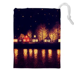 Night Houses River Bokeh Leaves Fall Autumn Drawstring Pouch (4xl) by danenraven