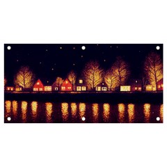 Night Houses River Bokeh Leaves Fall Autumn Banner And Sign 4  X 2 