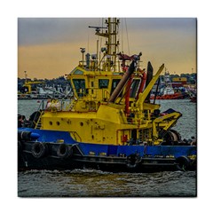 Tugboat Sailing At River, Montevideo, Uruguay Tile Coaster by dflcprintsclothing