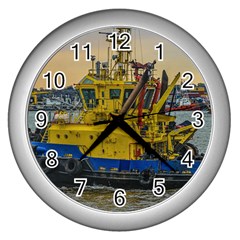 Tugboat Sailing At River, Montevideo, Uruguay Wall Clock (silver)