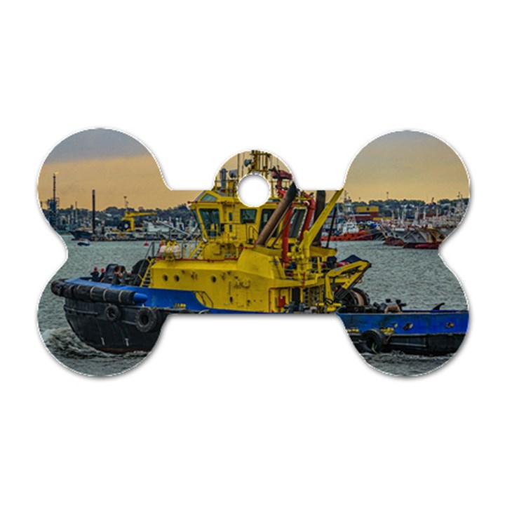 Tugboat Sailing At River, Montevideo, Uruguay Dog Tag Bone (Two Sides)