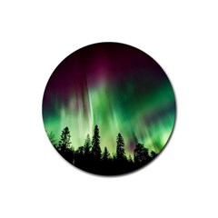 Aurora Borealis Northern Lights Forest Trees Woods Rubber Round Coaster (4 Pack) by danenraven